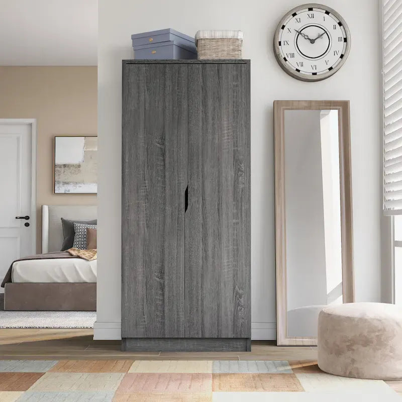Modern 2-Door Wardrobe Armoire with Hanging Rod and Shelves