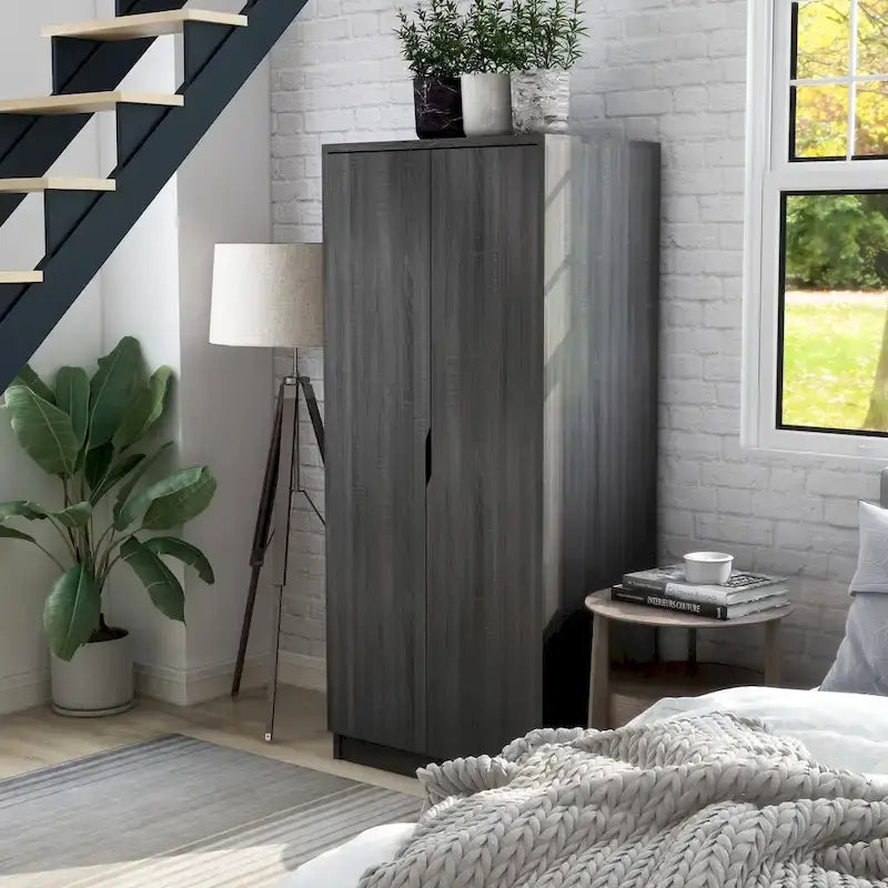 Modern 2-Door Wardrobe Armoire with Hanging Rod and Shelves