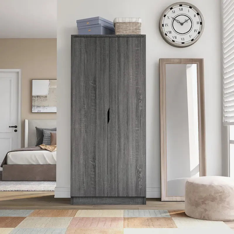 Modern 2-Door Wardrobe Armoire with Hanging Rod and Shelves