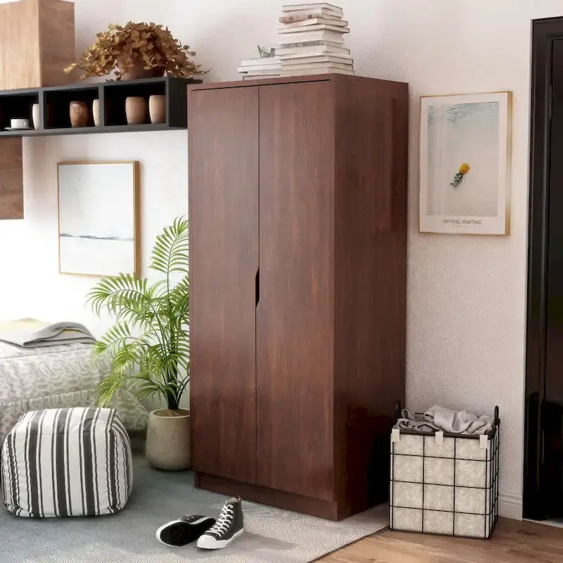 Modern 2-Door Wardrobe Armoire with Hanging Rod and Shelves