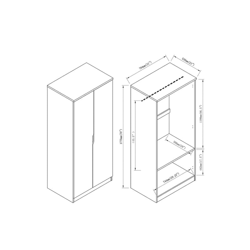 Modern 2-Door Wardrobe Armoire with Hanging Rod and Shelves