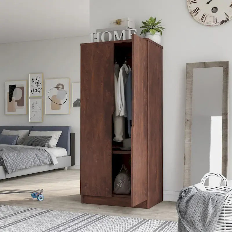 Modern 2-Door Wardrobe Armoire with Hanging Rod and Shelves