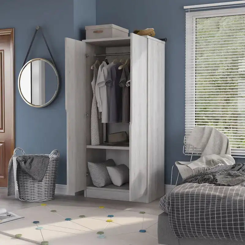 Modern 2-Door Wardrobe Armoire with Hanging Rod and Shelves