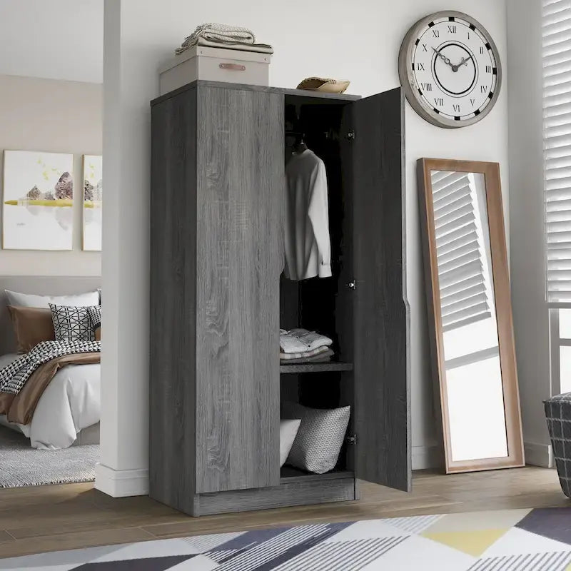 Modern 2-Door Wardrobe Armoire with Hanging Rod and Shelves