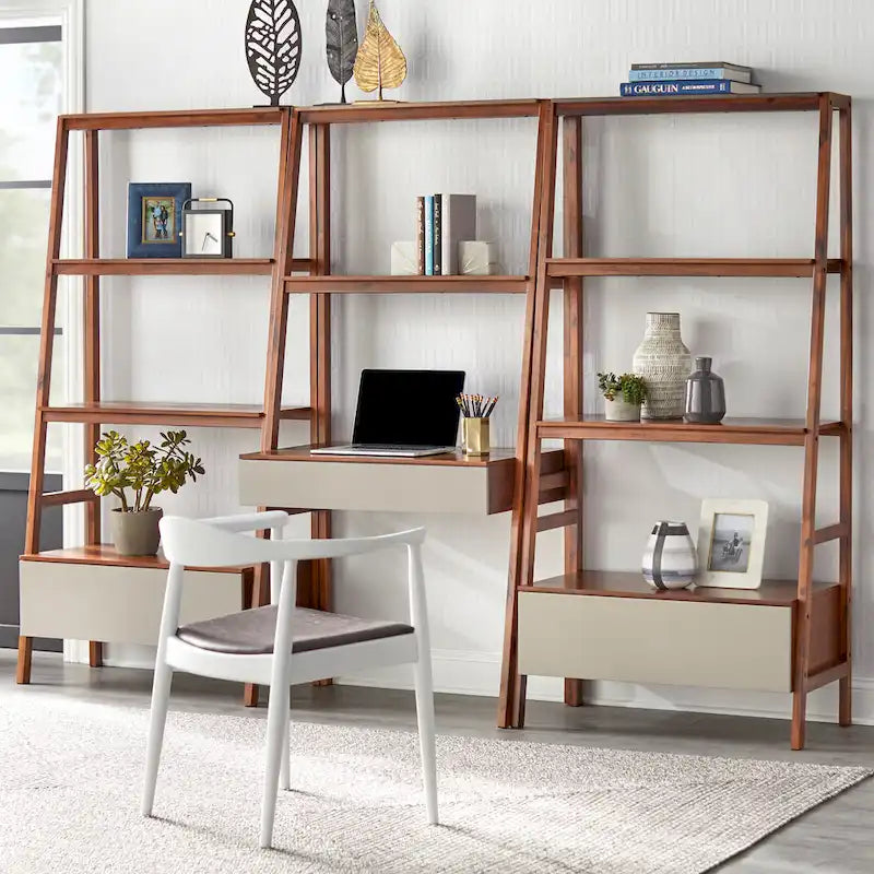 Walnut and Grey Ladder Desk with Storage Drawer