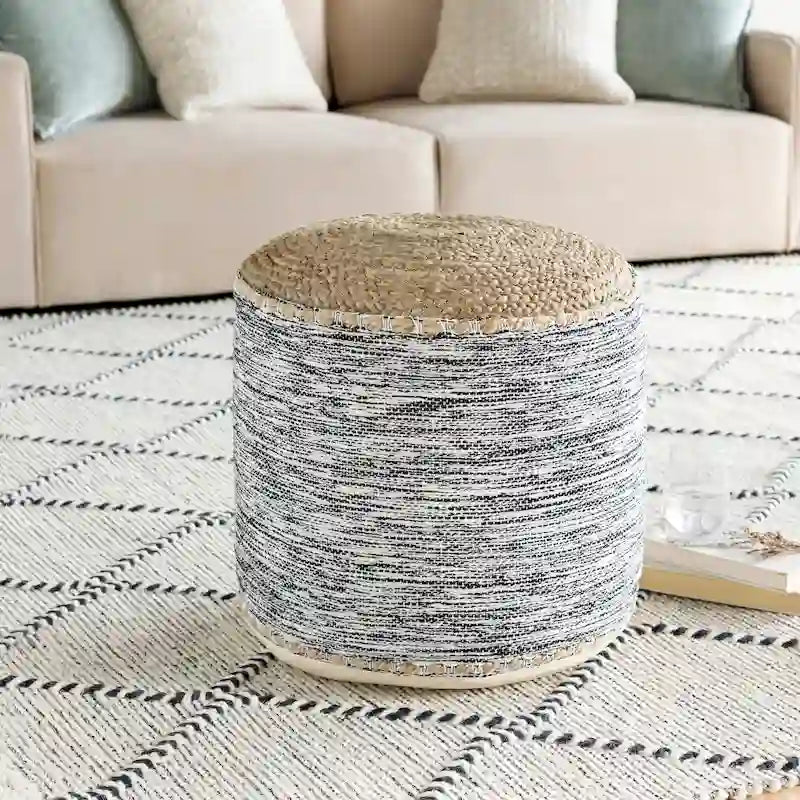 18-Inch Cylinder Pouf - Natural Woven Cotton and Jute
