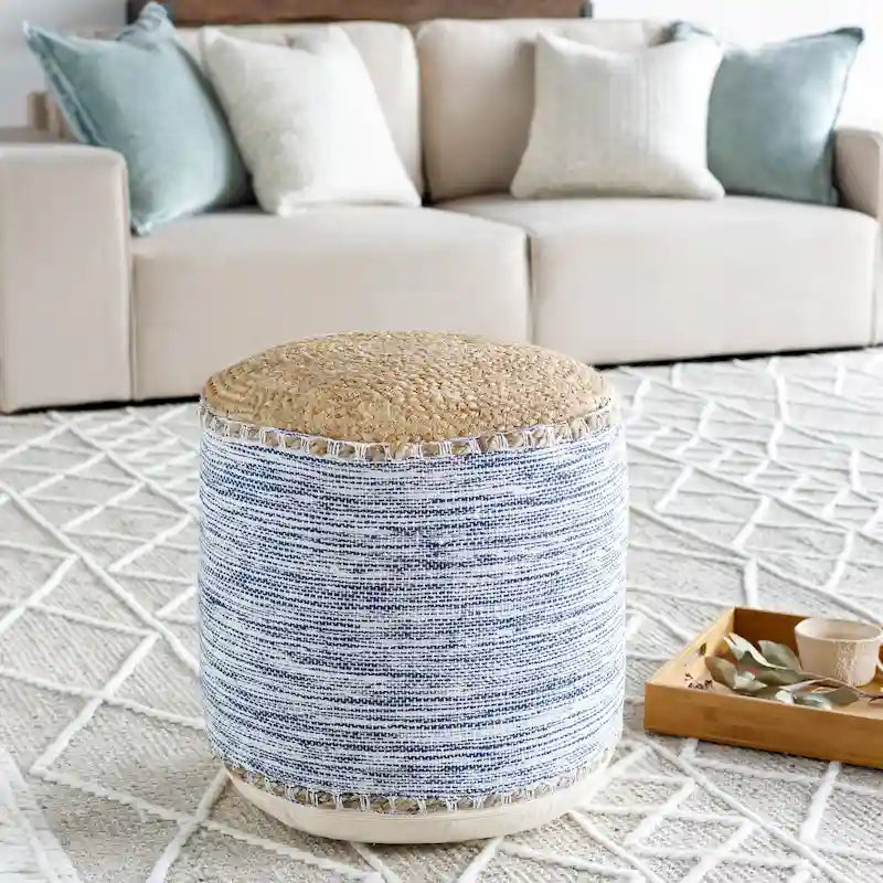 18-Inch Cylinder Pouf - Natural Woven Cotton and Jute