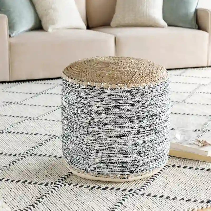 18-Inch Cylinder Pouf - Natural Woven Cotton and Jute