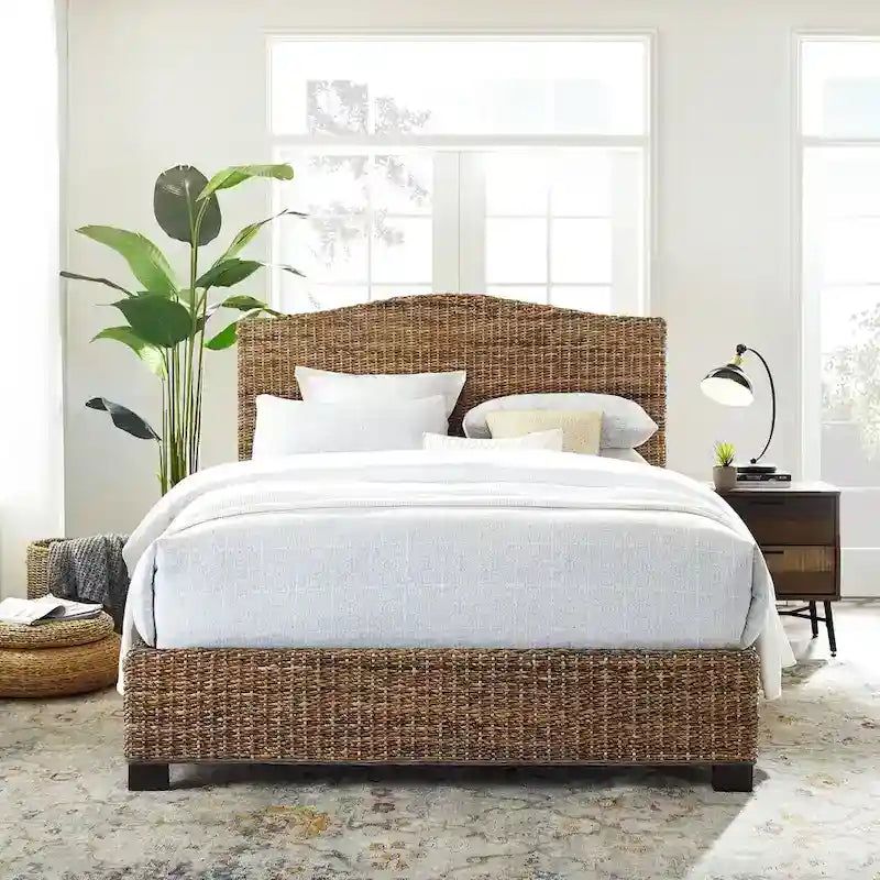 Queen Rattan Bed - Natural Banana Leaf with Arched Headboard
