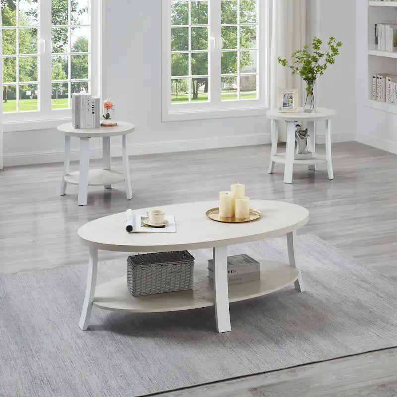 Modern style round wooden shelf coffee table - charcoal gray/white