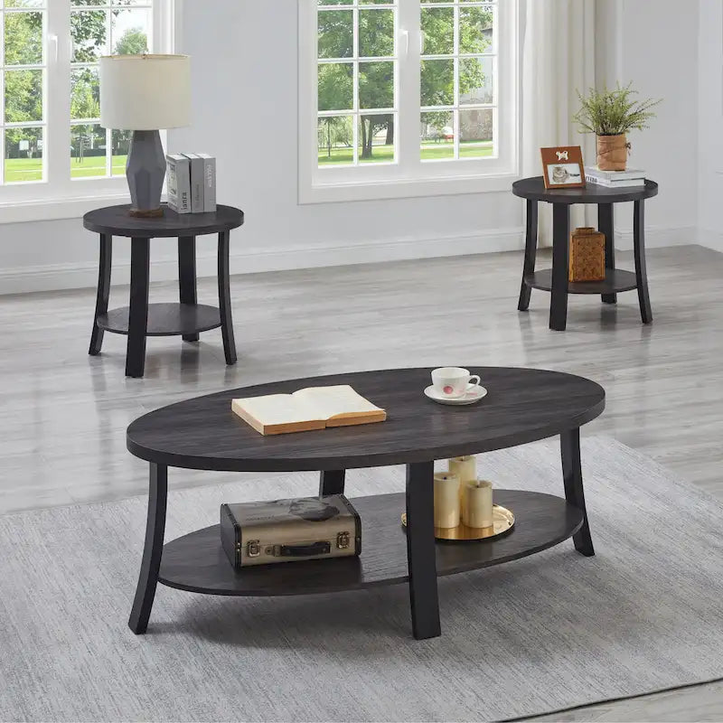 Roundhill Furniture Anze Contemporary Oval Wood Shelf 3-Piece Coffee Table Set