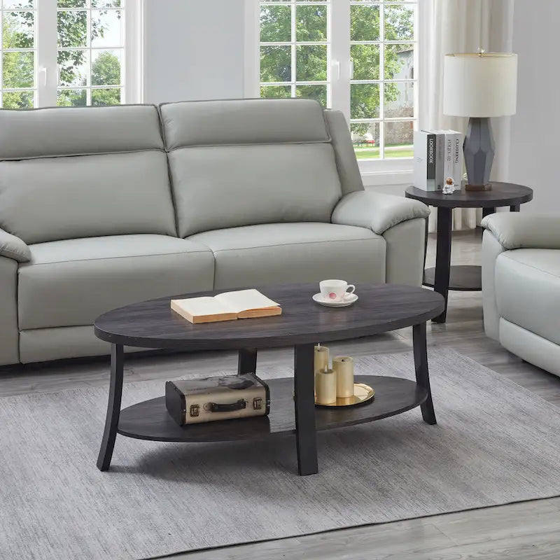 Modern style round wooden shelf coffee table - charcoal gray/white