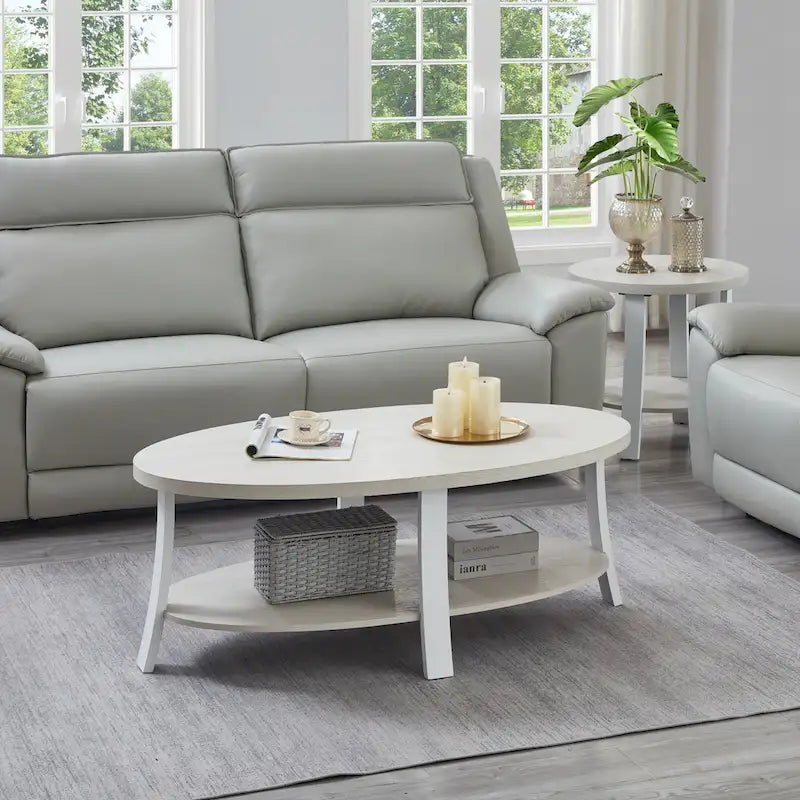 Modern style round wooden shelf coffee table - charcoal gray/white