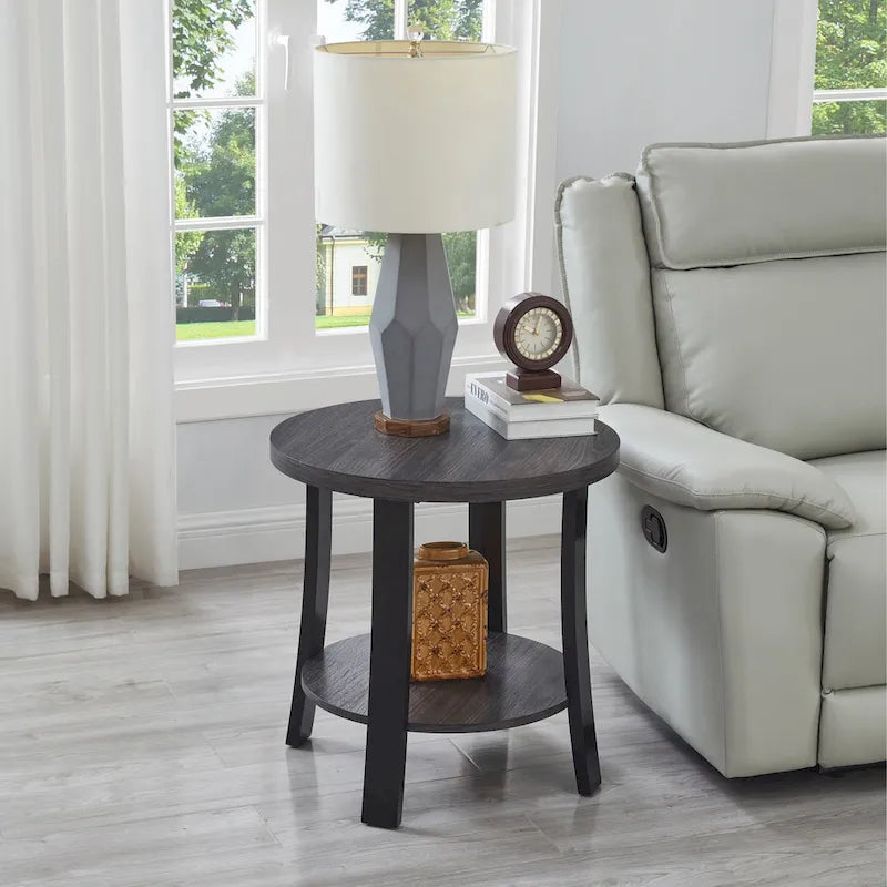 Modern style round wooden shelf coffee table - charcoal gray/white
