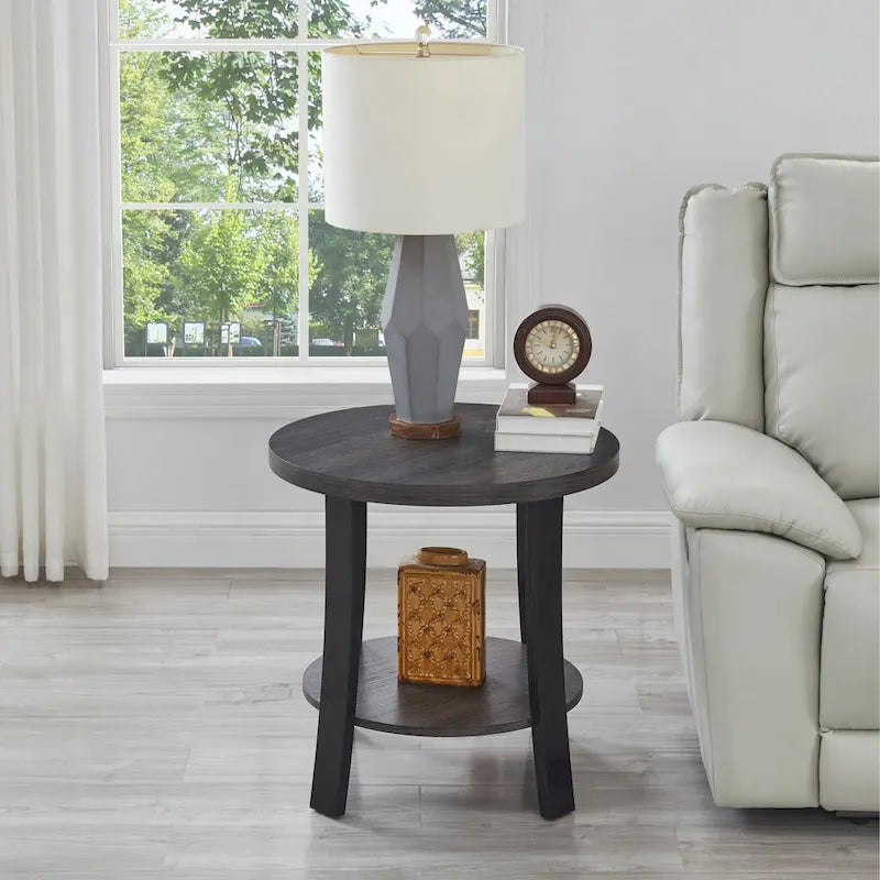 Modern style round wooden shelf coffee table - charcoal gray/white