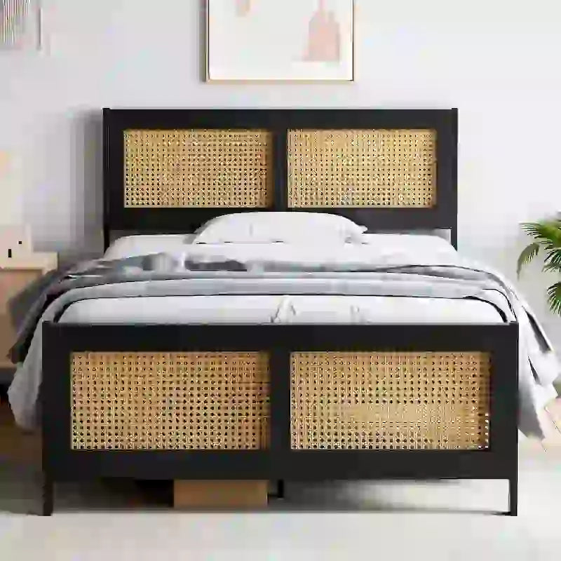 Platform Bed with Rattan Headboard and Footboard - Black Metal Frame