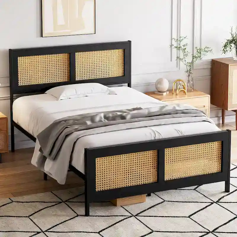 Platform Bed with Rattan Headboard and Footboard - Black Metal Frame