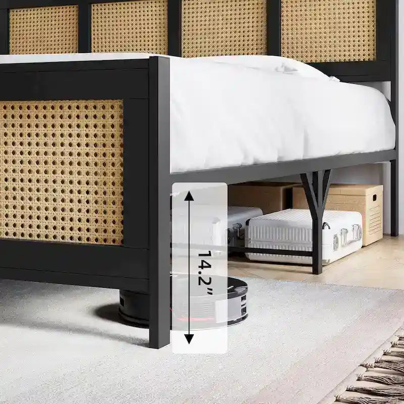 Platform Bed with Rattan Headboard and Footboard - Black Metal Frame