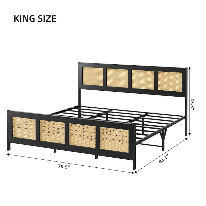 Platform Bed with Rattan Headboard and Footboard - Black Metal Frame