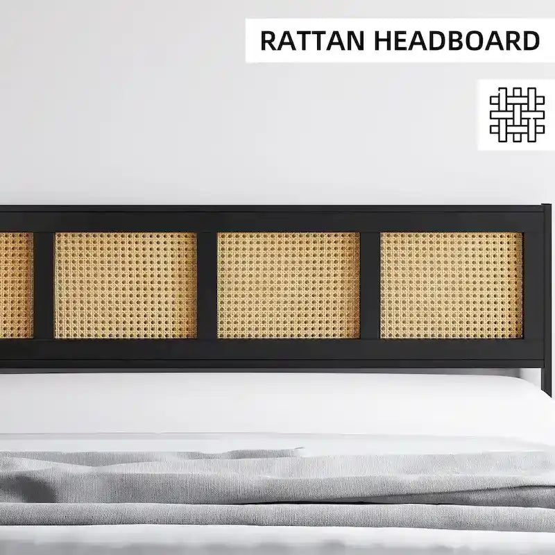 Platform Bed with Rattan Headboard and Footboard - Black Metal Frame
