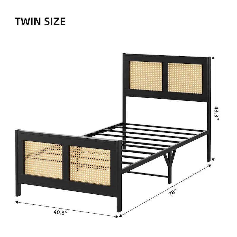 Platform Bed with Rattan Headboard and Footboard - Black Metal Frame