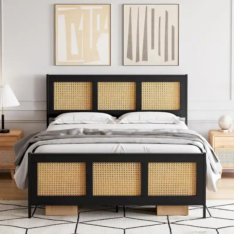 Platform Bed with Rattan Headboard and Footboard - Black Metal Frame