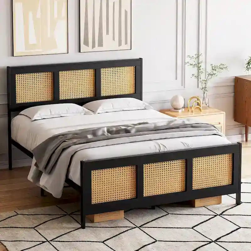 Platform Bed with Rattan Headboard and Footboard - Black Metal Frame