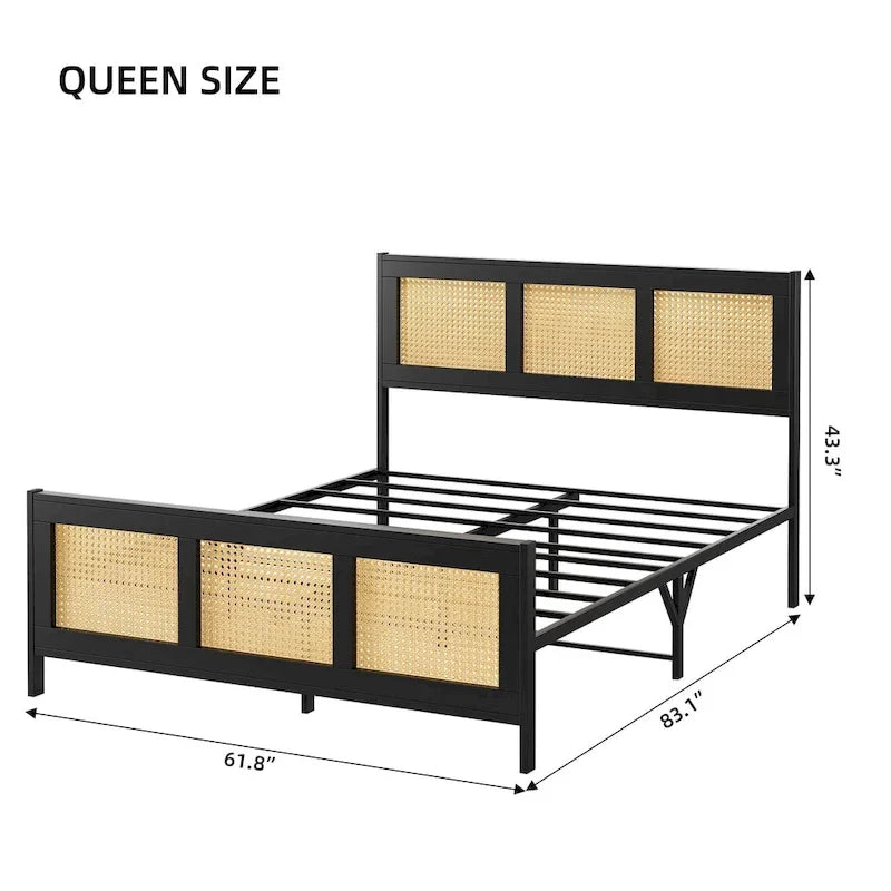 Platform Bed with Rattan Headboard and Footboard - Black Metal Frame