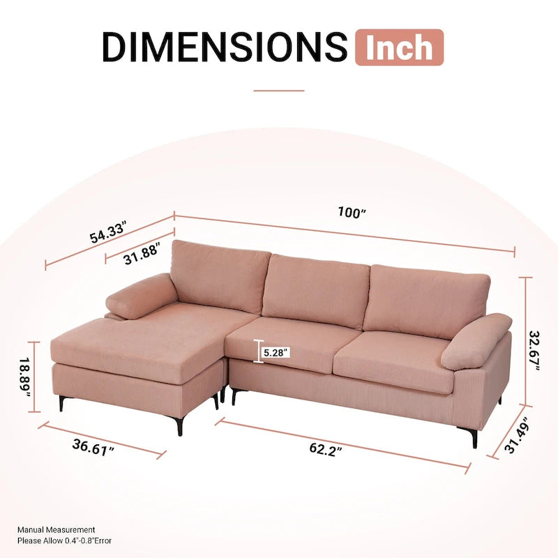 L-Shaped Convertible Chaise Sofa - Polyester - 3 Person