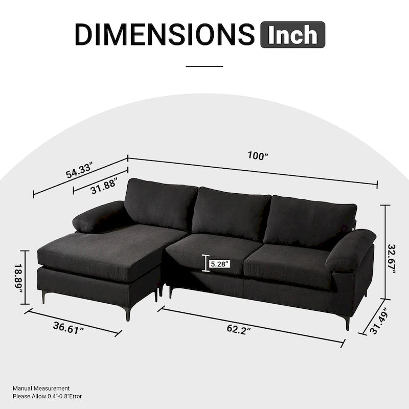 L-Shaped Convertible Chaise Sofa - Polyester - 3 Person