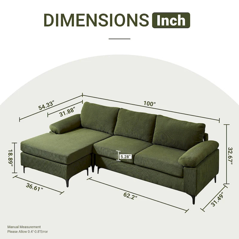L-Shaped Convertible Chaise Sofa - Polyester - 3 Person