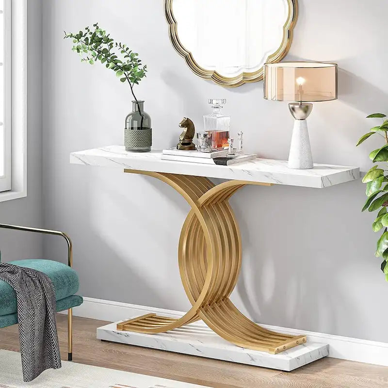 Faux Marble Console Table with Gold Metal Frame - White/Gold - 40"