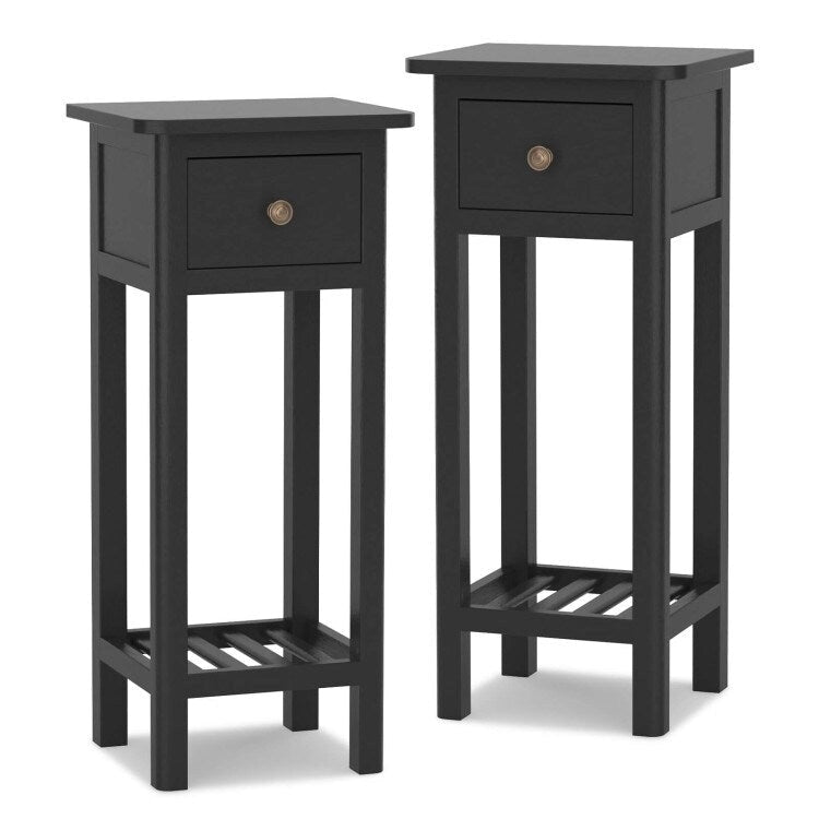 2-Tier Slim Rectangular Side Table - Black/White - Acacia Wood