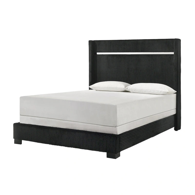 Pedro 3 Piece Black Velvel Upholstered Panel Bedroom Set