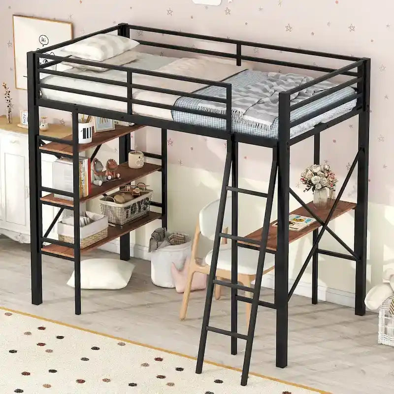Twin Size Metal Loft Bed with Shelves and Desk