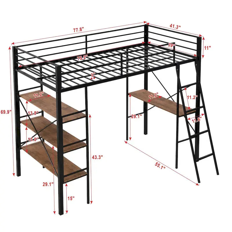 Twin Size Metal Loft Bed with Shelves and Desk