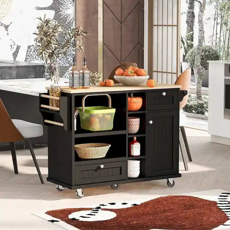 Kitchen Island Cart with Wheels,Storage Cabinet, Solid Wood Desktop