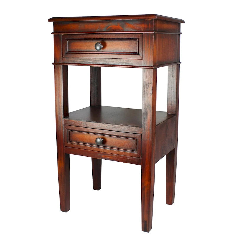 Wooden Side Table with 2 Drawers and Shelf - Antique Finish