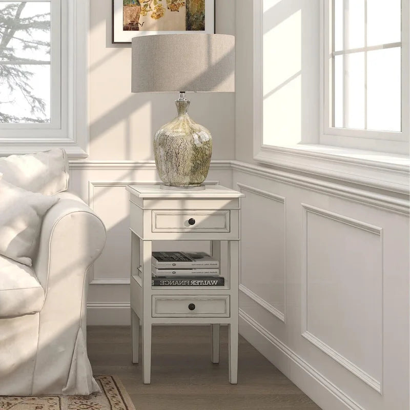 Wooden Side Table with 2 Drawers and Shelf - Antique Finish