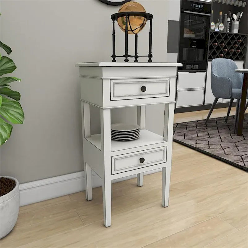 Wooden Side Table with 2 Drawers and Shelf - Antique Finish