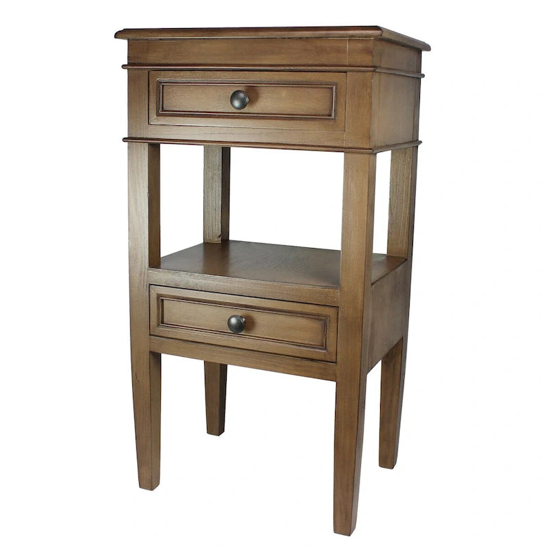 Wooden Side Table with 2 Drawers and Shelf - Antique Finish