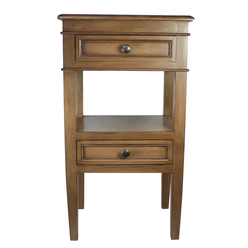 Wooden Side Table with 2 Drawers and Shelf - Antique Finish