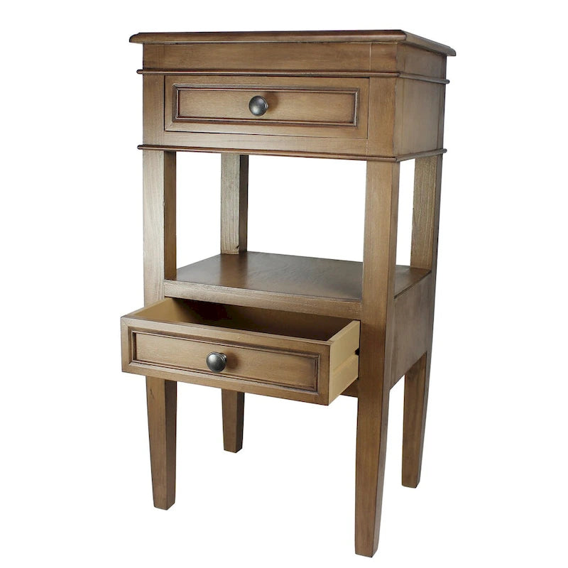 Wooden Side Table with 2 Drawers and Shelf - Antique Finish