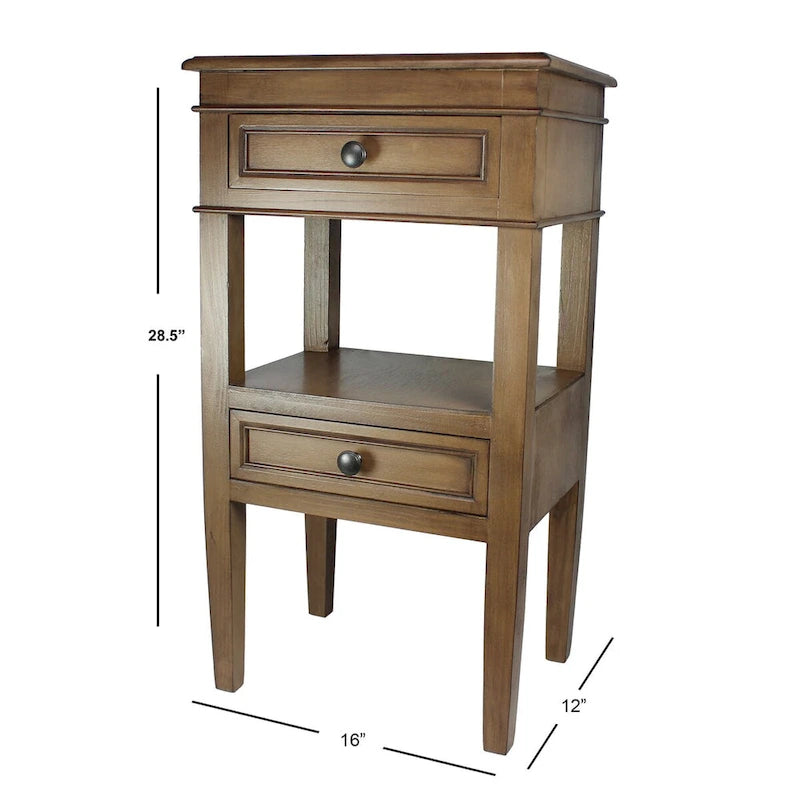 Wooden Side Table with 2 Drawers and Shelf - Antique Finish