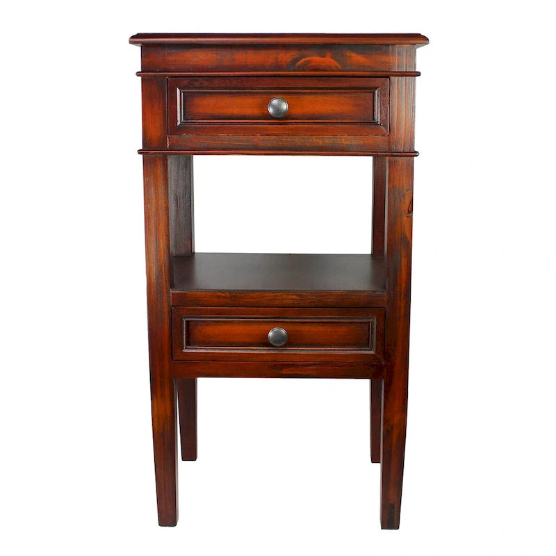 Wooden Side Table with 2 Drawers and Shelf - Antique Finish
