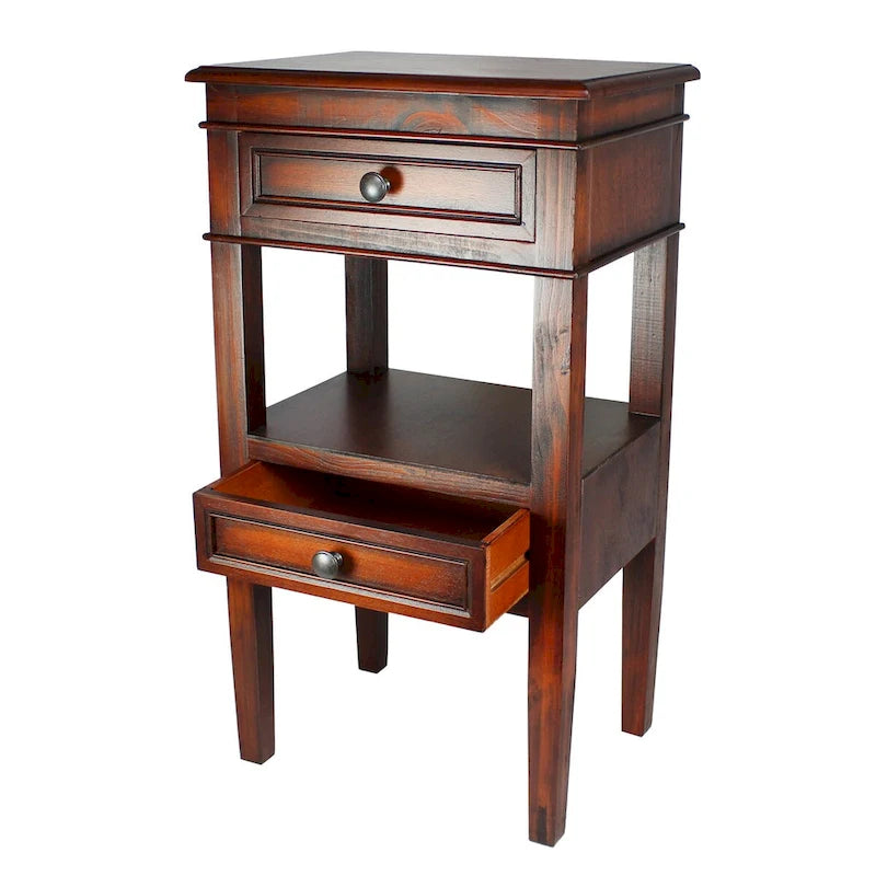 Wooden Side Table with 2 Drawers and Shelf - Antique Finish