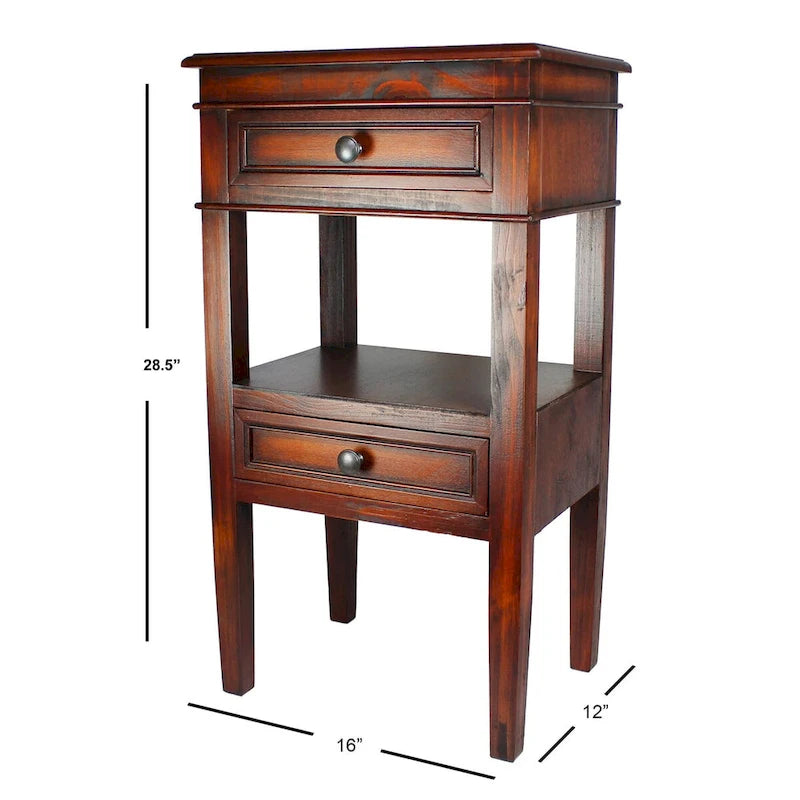 Wooden Side Table with 2 Drawers and Shelf - Antique Finish