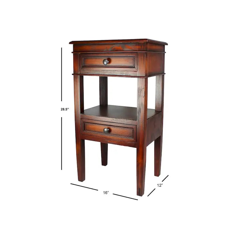 Wooden Side Table with 2 Drawers and Shelf - Antique Finish