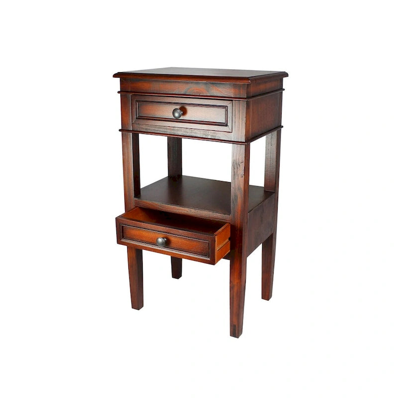 Wooden Side Table with 2 Drawers and Shelf - Antique Finish
