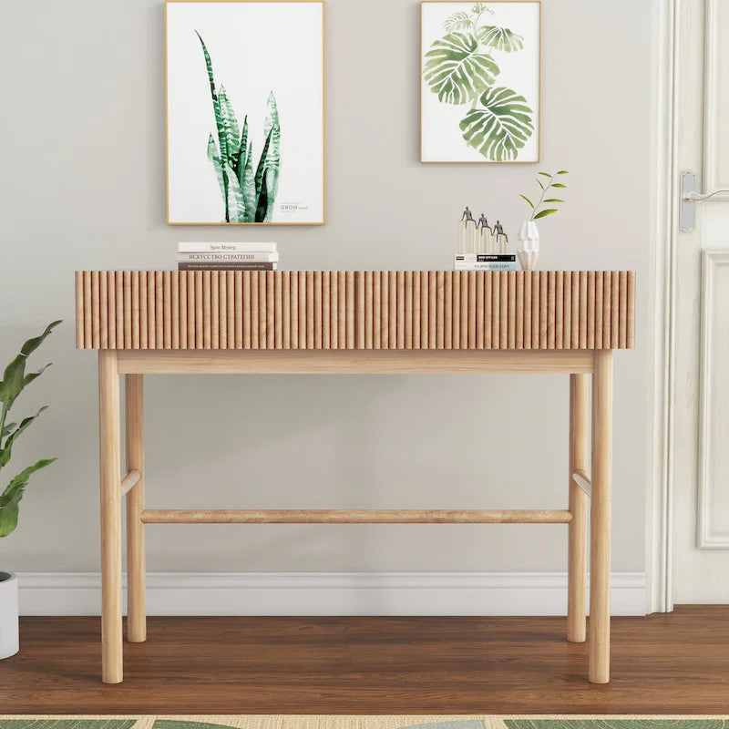 Solid Wood Console Table with 2 Drawers - Natural Brown